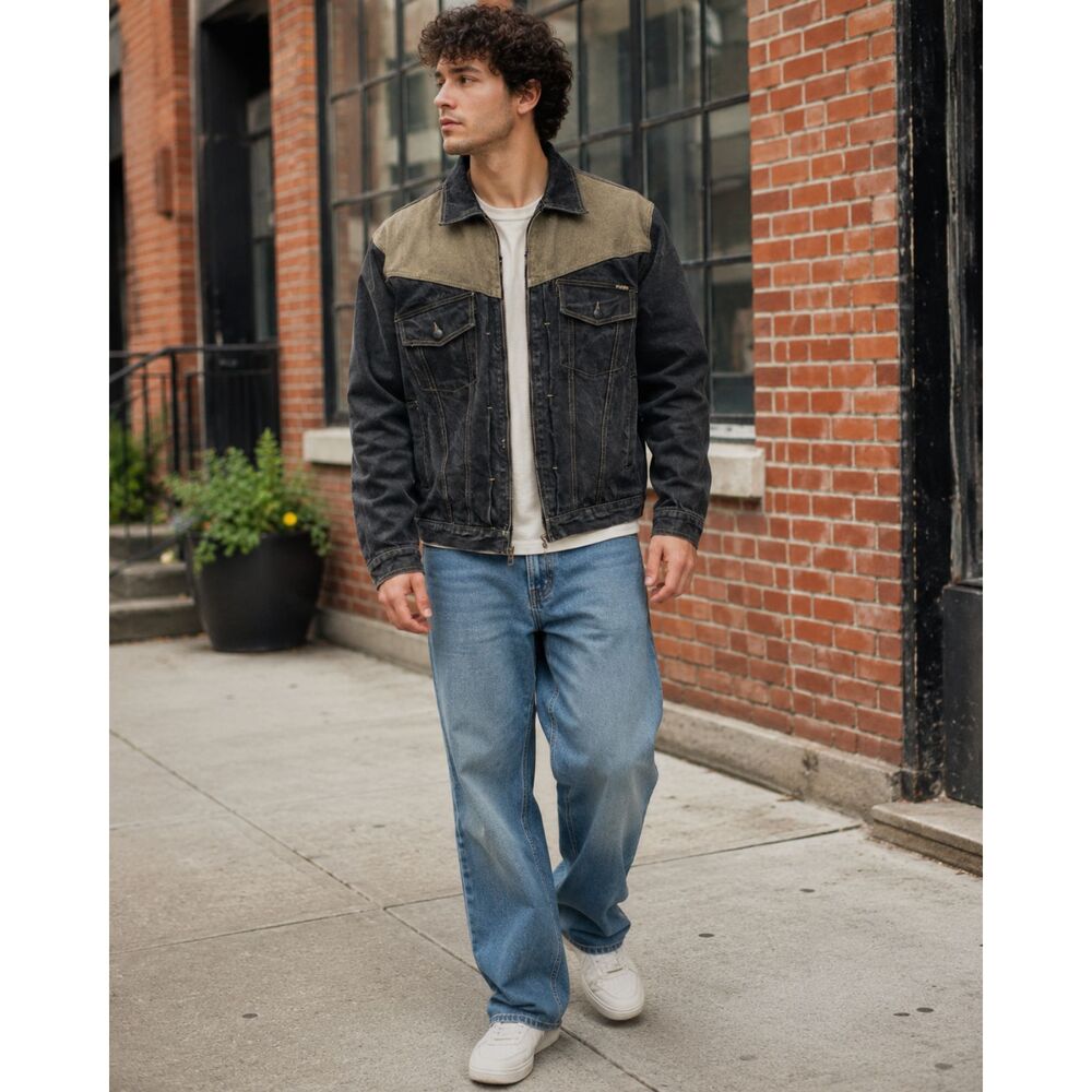 Barcode Jeans Vintage Full Zip Contrast Denim Jacket Black/Beige Men's Large